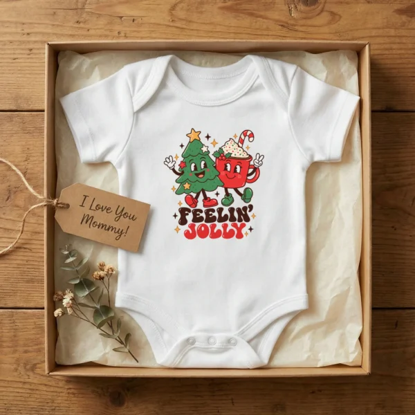 Feelin' Jolly Christmas Tree and Hot Cocoa Baby Bodysuit Art — baby bodysuit mockup Feelin' Jolly Christmas baby bodysuit product photo