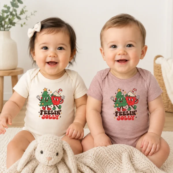 Feelin' Jolly Christmas Tree and Hot Cocoa Baby Bodysuit Art — baby bodysuit mockup Feelin' Jolly Christmas baby bodysuit model mockup