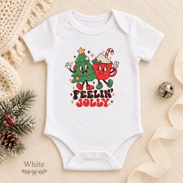 Feelin' Jolly Christmas Tree and Hot Cocoa Baby Bodysuit Art — alternate product mockup Feelin' Jolly Christmas baby bodysuit color options