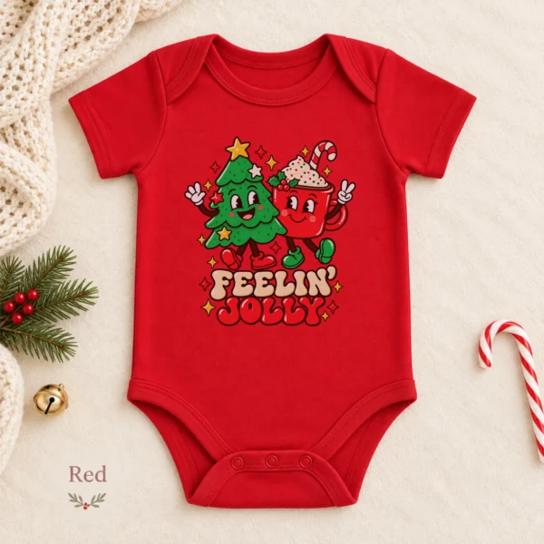 Feelin' Jolly Christmas Tree and Hot Cocoa Baby Bodysuit Art — alternate product mockup Feelin' Jolly Christmas baby bodysuit color options
