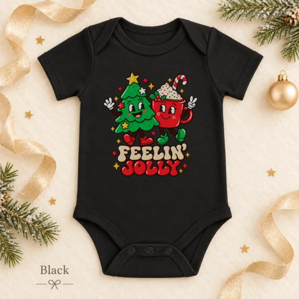 Feelin' Jolly Christmas Tree and Hot Cocoa Baby Bodysuit Art — alternate product mockup Feelin' Jolly Christmas baby bodysuit color options