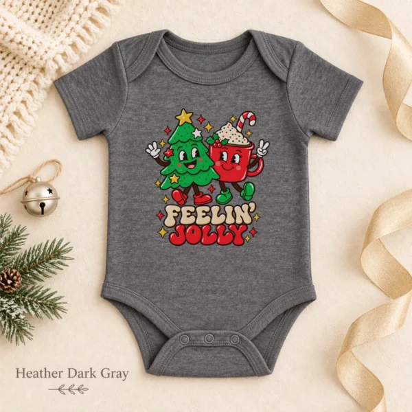 Feelin' Jolly Christmas Tree and Hot Cocoa Baby Bodysuit Art — alternate product mockup Feelin' Jolly Christmas baby bodysuit color options