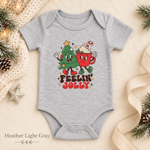 Feelin' Jolly Christmas Tree and Hot Cocoa Baby Bodysuit Art — alternate product mockup Feelin' Jolly Christmas baby bodysuit color options