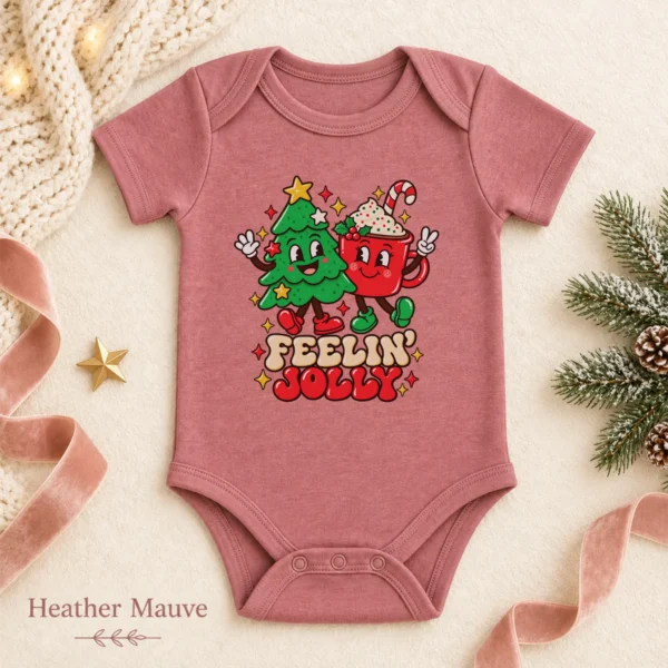 Feelin' Jolly Christmas Tree and Hot Cocoa Baby Bodysuit Art — alternate product mockup Feelin' Jolly Christmas baby bodysuit color options
