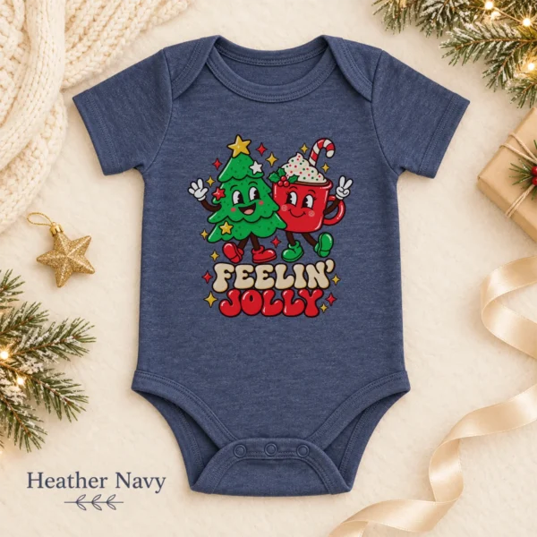 Feelin' Jolly Christmas Tree and Hot Cocoa Baby Bodysuit Art — alternate product mockup Feelin' Jolly Christmas baby bodysuit color options