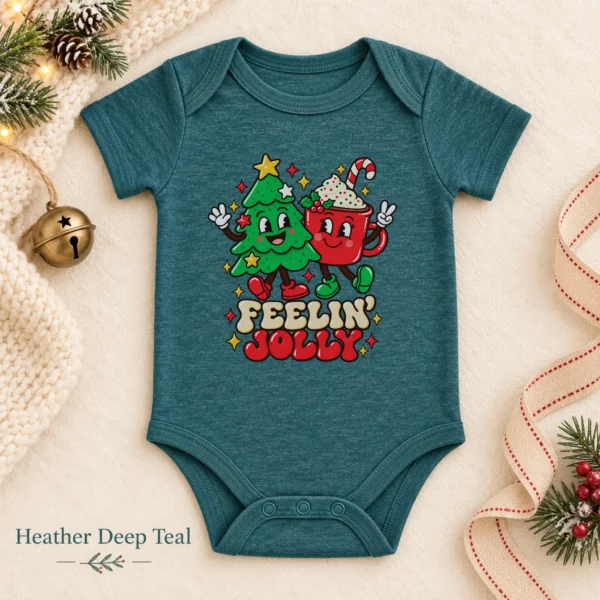 Feelin' Jolly Christmas Tree and Hot Cocoa Baby Bodysuit Art — alternate product mockup Feelin' Jolly Christmas baby bodysuit color options