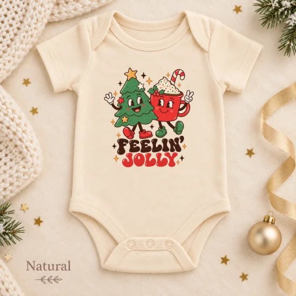 Feelin' Jolly Christmas Tree and Hot Cocoa Baby Bodysuit Art — alternate product mockup Feelin' Jolly Christmas baby bodysuit color options