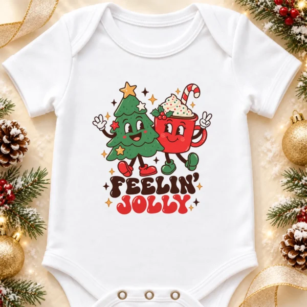 Feelin' Jolly Christmas Tree and Hot Cocoa Baby Bodysuit Art — alternate product mockup Feelin' Jolly Christmas baby bodysuit product photo
