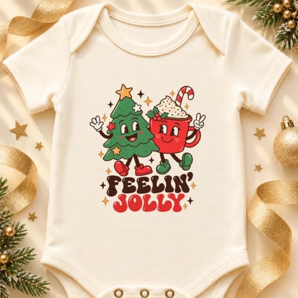 Feelin' Jolly Christmas Tree and Hot Cocoa Baby Bodysuit Art — alternate product mockup Feelin' Jolly Christmas baby bodysuit product photo