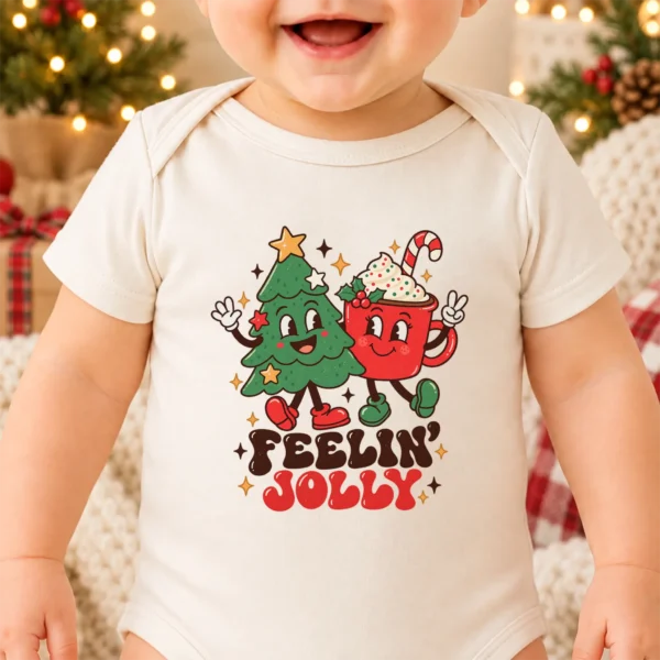 Feelin' Jolly Christmas Tree and Hot Cocoa Baby Bodysuit Art — alternate product mockup Feelin' Jolly Christmas baby bodysuit product photo