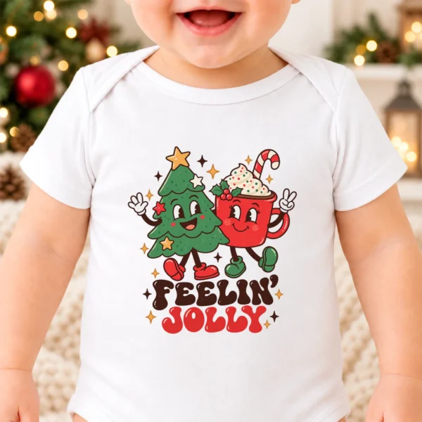 Feelin' Jolly Christmas Tree and Hot Cocoa Baby Bodysuit Art — alternate product mockup Feelin' Jolly Christmas baby bodysuit front view
