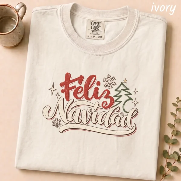 Feliz Navidad New Year's Shirt, Sweatshirt & Hoodie — alternate product mockup feliz navidad adult shirt t-shirt close-up detail