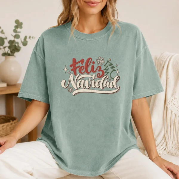 Feliz Navidad New Year's Shirt, Sweatshirt & Hoodie — lifestyle mockup feliz navidad adult shirt t-shirt lifestyle scene