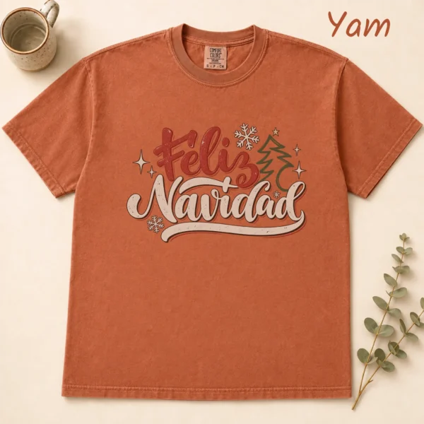 Feliz Navidad New Year's Shirt, Sweatshirt & Hoodie — alternate product mockup feliz navidad adult shirt t-shirt flat lay view