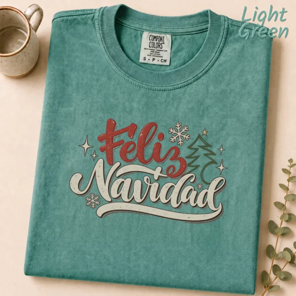 New Year's Lettering Multi Style Apparel Feliz Navidad Shirt — alternate product mockup feliz navidad shirt t-shirt alternate angle