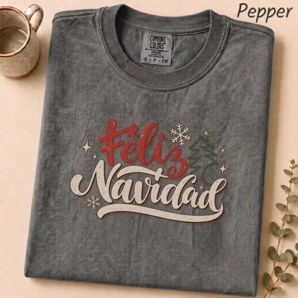 New Year's Lettering Multi Style Apparel Feliz Navidad Shirt — alternate product mockup feliz navidad shirt t-shirt product photo