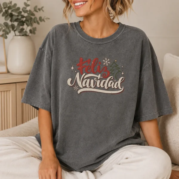 New Year's Lettering Multi Style Apparel Feliz Navidad Shirt — lifestyle mockup feliz navidad shirt t-shirt lifestyle scene