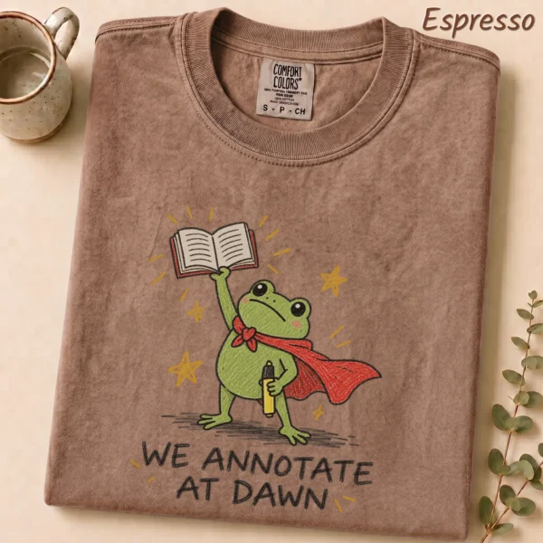 Frog Book Shirt, Sweatshirt & Hoodie, We Annotate At Dawn — alternate product mockup frog book shirt t-shirt lifestyle scene