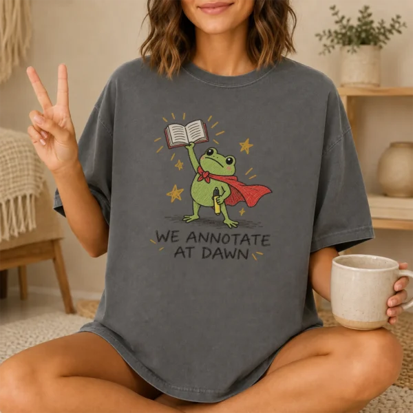 Frog Book Shirt, Sweatshirt & Hoodie, We Annotate At Dawn — lifestyle mockup frog book shirt t-shirt lifestyle scene