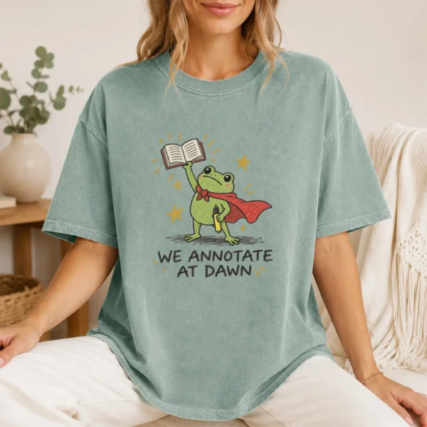 Frog Book Shirt, Sweatshirt & Hoodie, We Annotate At Dawn — lifestyle mockup frog book shirt t-shirt lifestyle scene