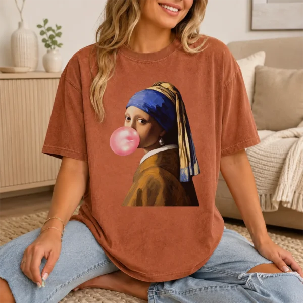Girl with A Pearl Earring Bubblegum Shirt, Sweatshirt & Hoodie — lifestyle mockup girl with a pearl earring shirt t-shirt lifestyle scene