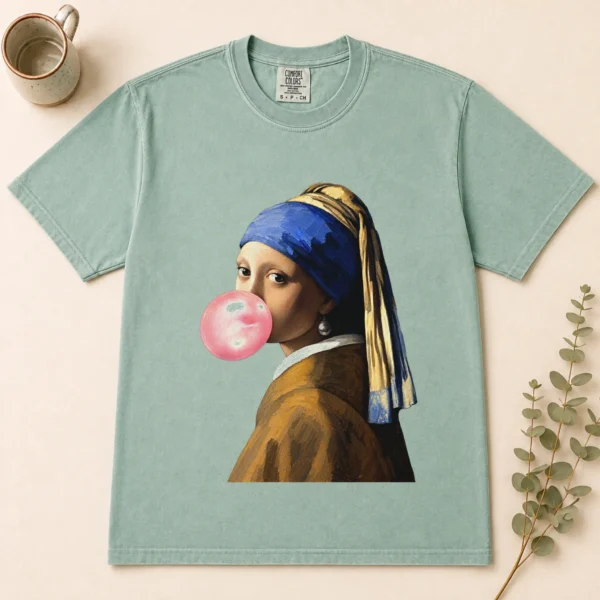 Girl with A Pearl Earring Bubblegum Shirt, Sweatshirt & Hoodie — alternate product mockup girl with a pearl earring shirt t-shirt flat lay view
