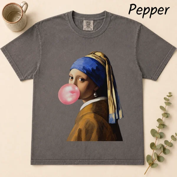 Girl with A Pearl Earring Bubblegum Shirt, Sweatshirt & Hoodie — alternate product mockup girl with a pearl earring shirt t-shirt flat lay view