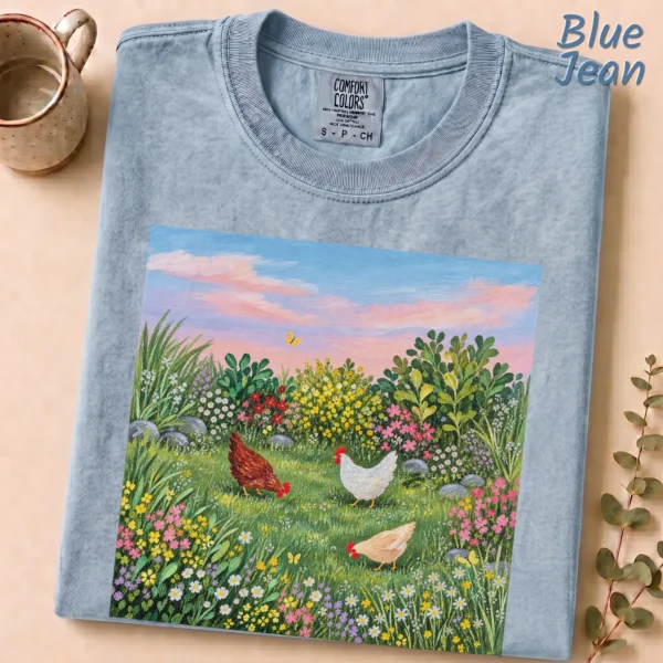 Hen Shirt or, Three Hens Meadow — alternate product mockup hen shirt or t-shirt product photo