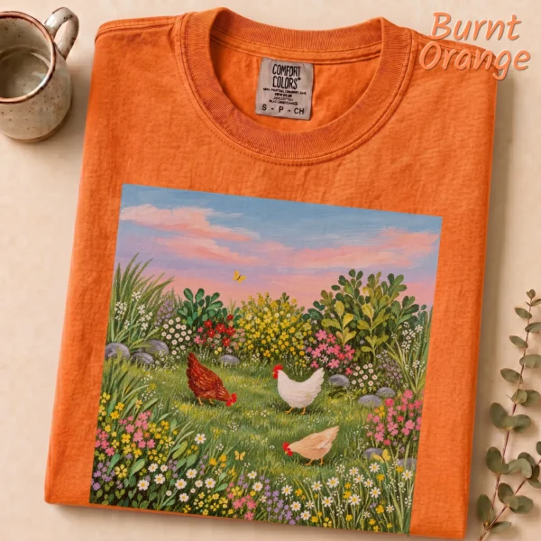 Hen Shirt or, Three Hens Meadow — alternate product mockup hen shirt or t-shirt styled product photo