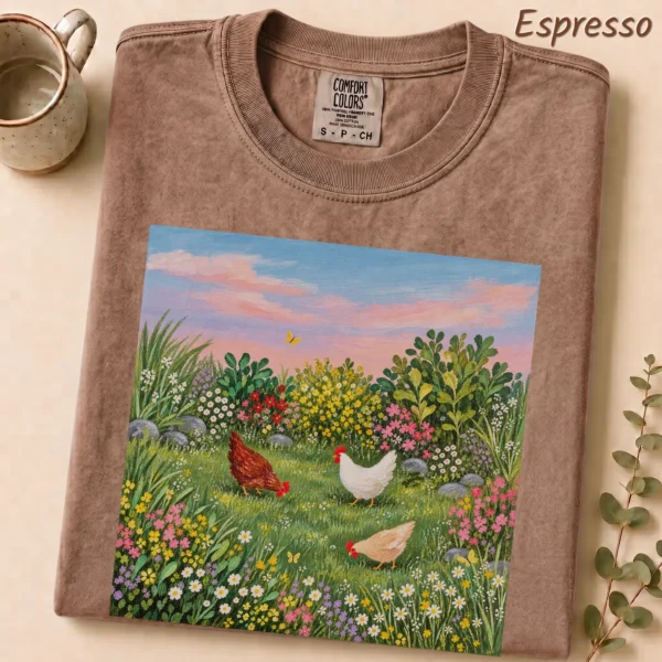 Hen Shirt or, Three Hens Meadow — alternate product mockup hen shirt or t-shirt product detail