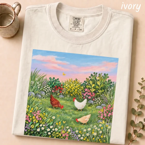 Hen Shirt or, Three Hens Meadow — alternate product mockup hen shirt or t-shirt mockup view