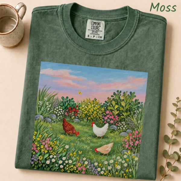 Hen Shirt or, Three Hens Meadow — alternate product mockup hen shirt or t-shirt close-up detail