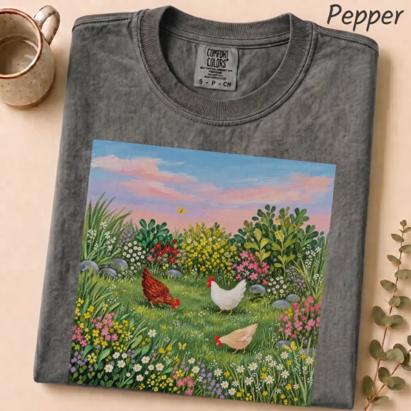 Hen Shirt or, Three Hens Meadow — alternate product mockup hen shirt or t-shirt product photo