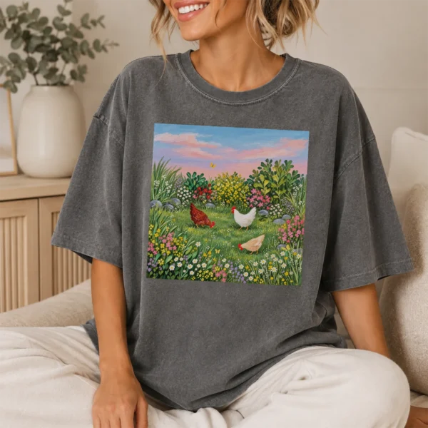 Hen Shirt or, Three Hens Meadow — lifestyle mockup hen shirt or t-shirt lifestyle scene