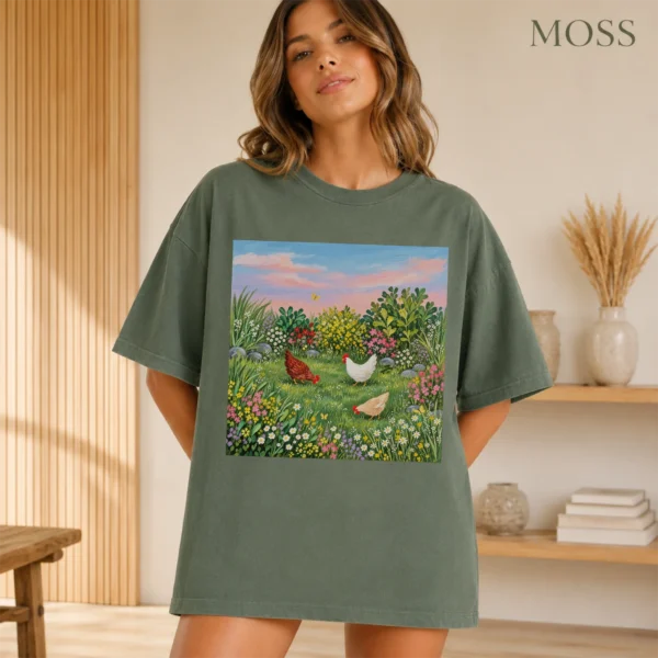 Hen Shirt or, Three Hens Meadow — alternate product mockup hen shirt or t-shirt color options