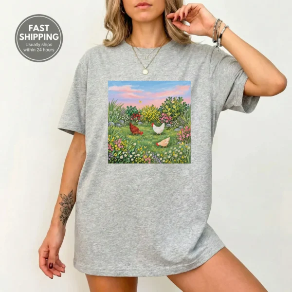 Hen Shirt or, Three Hens Meadow — alternate product mockup hen shirt or t-shirt product photo