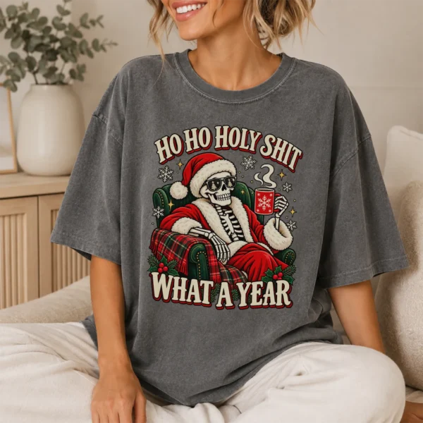 New Year's Ho Ho Holy Shit What A Year Shirt — lifestyle mockup ho ho holy shit what a year shirt t-shirt lifestyle scene