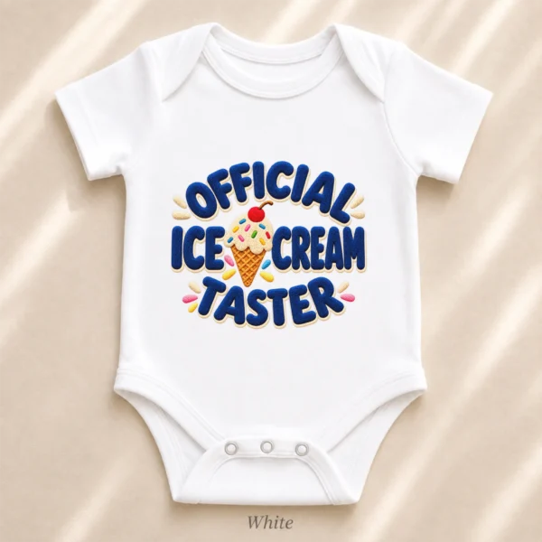 Official Ice Cream Taster Chenille Look Baby Bodysuit & Toddler — alternate product mockup ice cream taster baby bodysuit styled product photo
