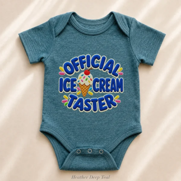 Official Ice Cream Taster Chenille Look Baby Bodysuit & Toddler — alternate product mockup ice cream taster baby bodysuit alternate angle