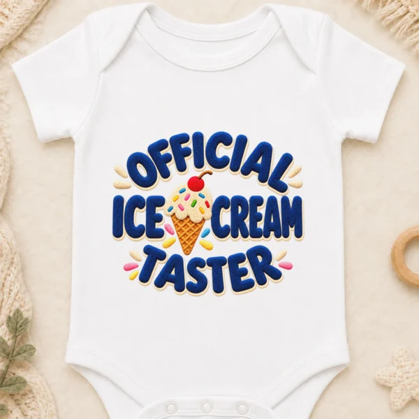 Official Ice Cream Taster Chenille Look Baby Bodysuit & Toddler — baby bodysuit mockup ice cream taster baby bodysuit close-up detail