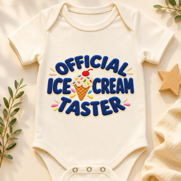 Official Ice Cream Taster Chenille Look Baby Bodysuit & Toddler — baby bodysuit mockup ice cream taster baby bodysuit close-up detail
