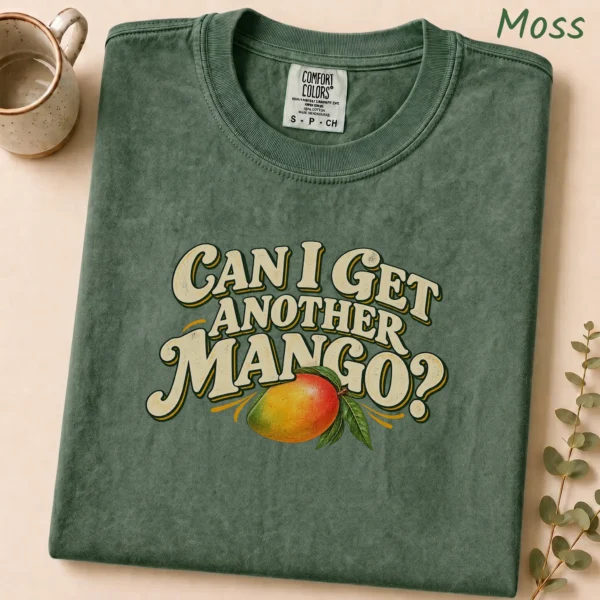 Illustrated Ripe Multi Style Apparel Can I Get Another Mango? Shirt — alternate product mockup illustrated ripe mango multi-style apparel t-shirt close-up detail