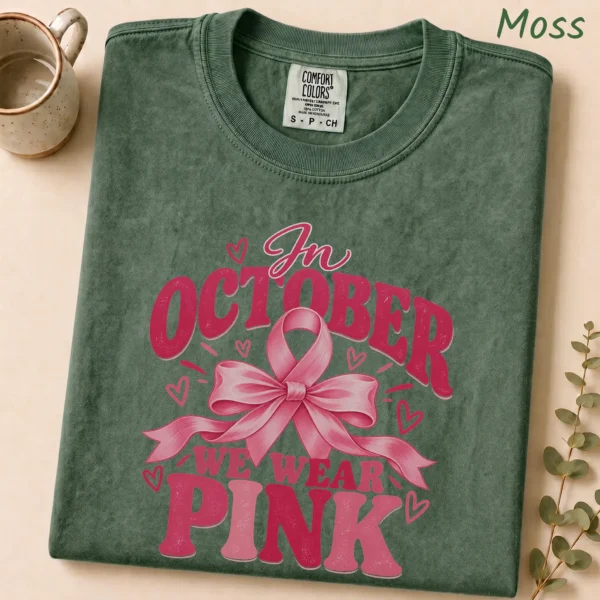 In October We Wear Pink Shirt — alternate product mockup in october we wear pink shirt t-shirt lifestyle scene