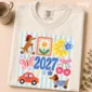 large blue 2027 numerals multi-style apparel t-shirt close-up detail