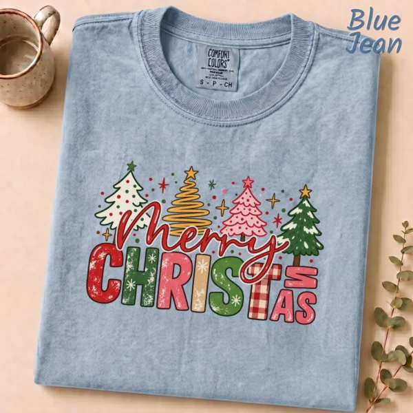 New Year's Large Lettering Multi Style Apparel Merry Christmas Shirt — alternate product mockup large merry new year's lettering multi-style apparel t-shirt product detail