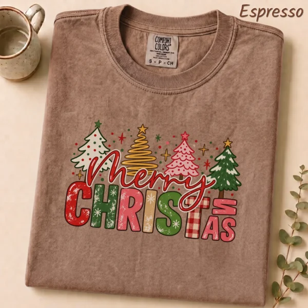 New Year's Large Lettering Multi Style Apparel Merry Christmas Shirt — alternate product mockup large merry new year's lettering multi-style apparel t-shirt product photo