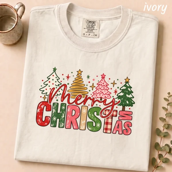 New Year's Large Lettering Multi Style Apparel Merry Christmas Shirt — alternate product mockup large merry new year's lettering multi-style apparel t-shirt product photo