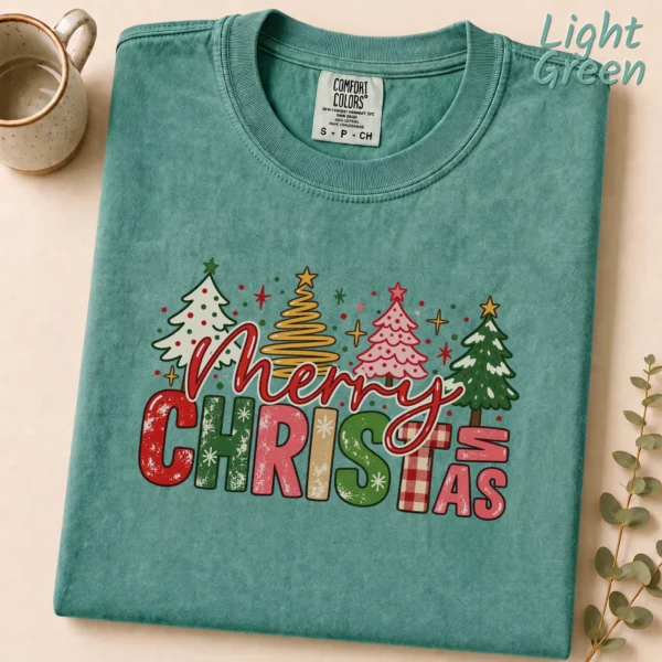 New Year's Large Lettering Multi Style Apparel Merry Christmas Shirt — alternate product mockup large merry new year's lettering multi-style apparel t-shirt lifestyle scene