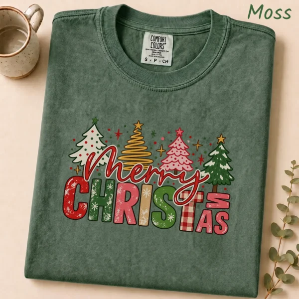 New Year's Large Lettering Multi Style Apparel Merry Christmas Shirt — alternate product mockup large merry new year's lettering multi-style apparel t-shirt product photo