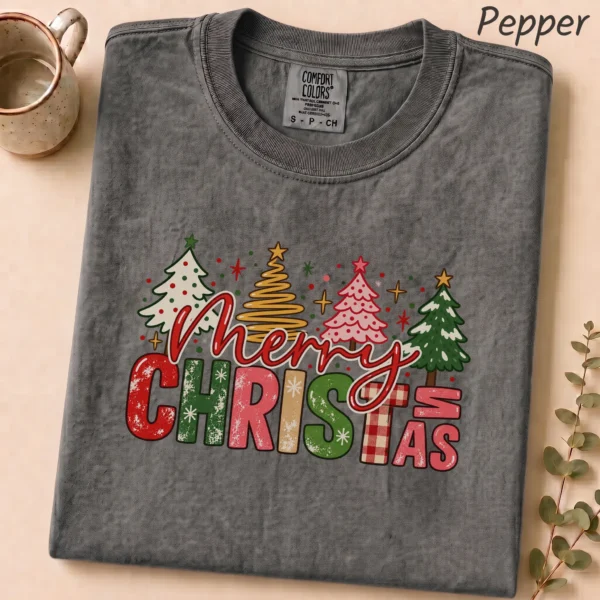 New Year's Large Lettering Multi Style Apparel Merry Christmas Shirt — alternate product mockup large merry new year's lettering multi-style apparel t-shirt mockup view